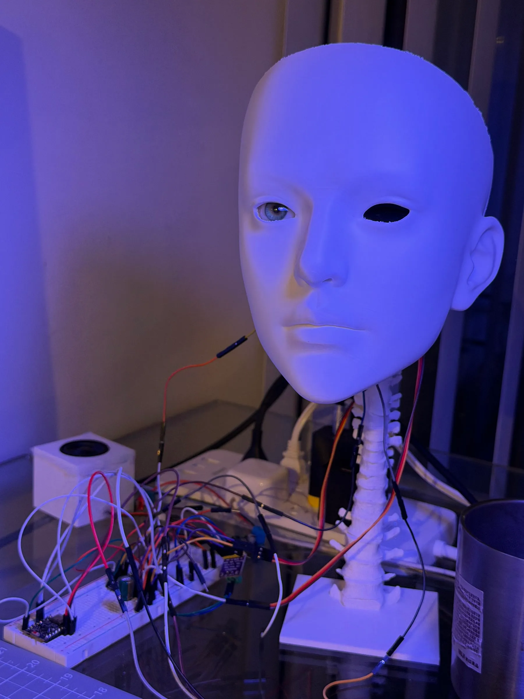 蓝紫色灯光下正在调试的 Lilyput 机器人
